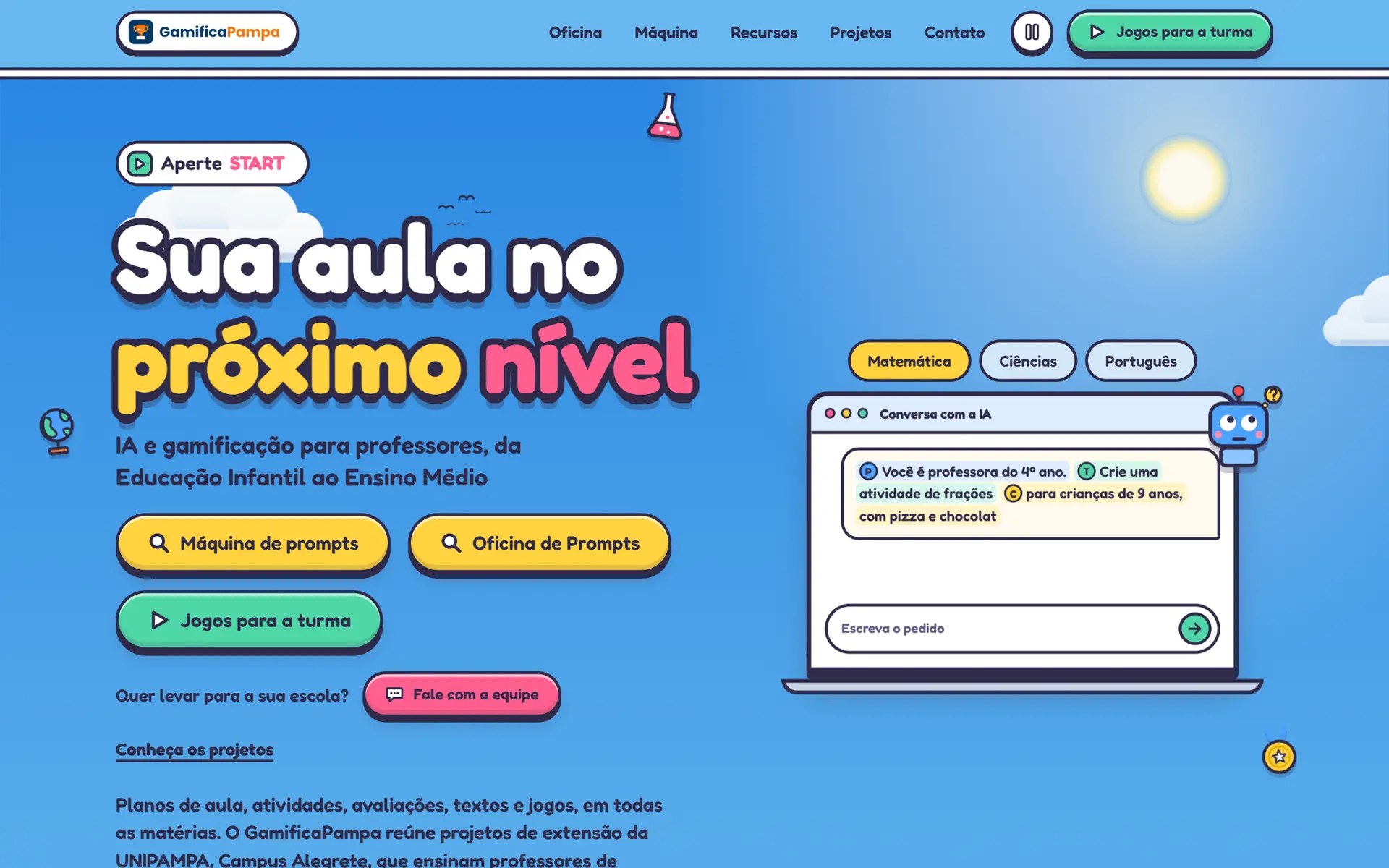 GamificaPampa home page: Your class at the next level, AI and gamification for teachers, from preschool to high school.