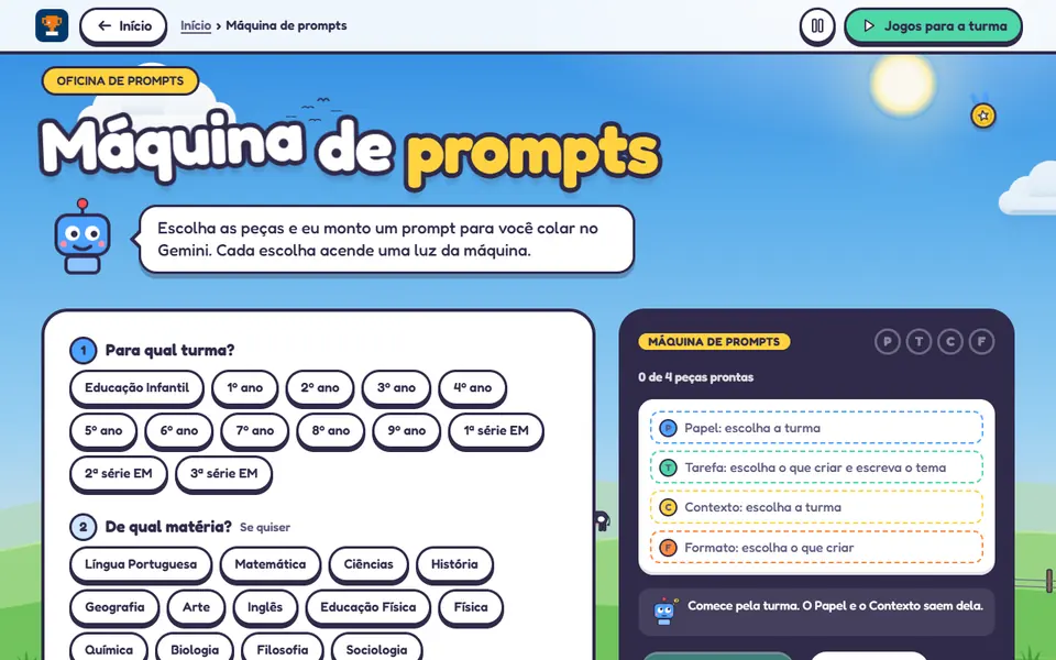 Prompt Machine: class and subject choices next to the finished prompt.